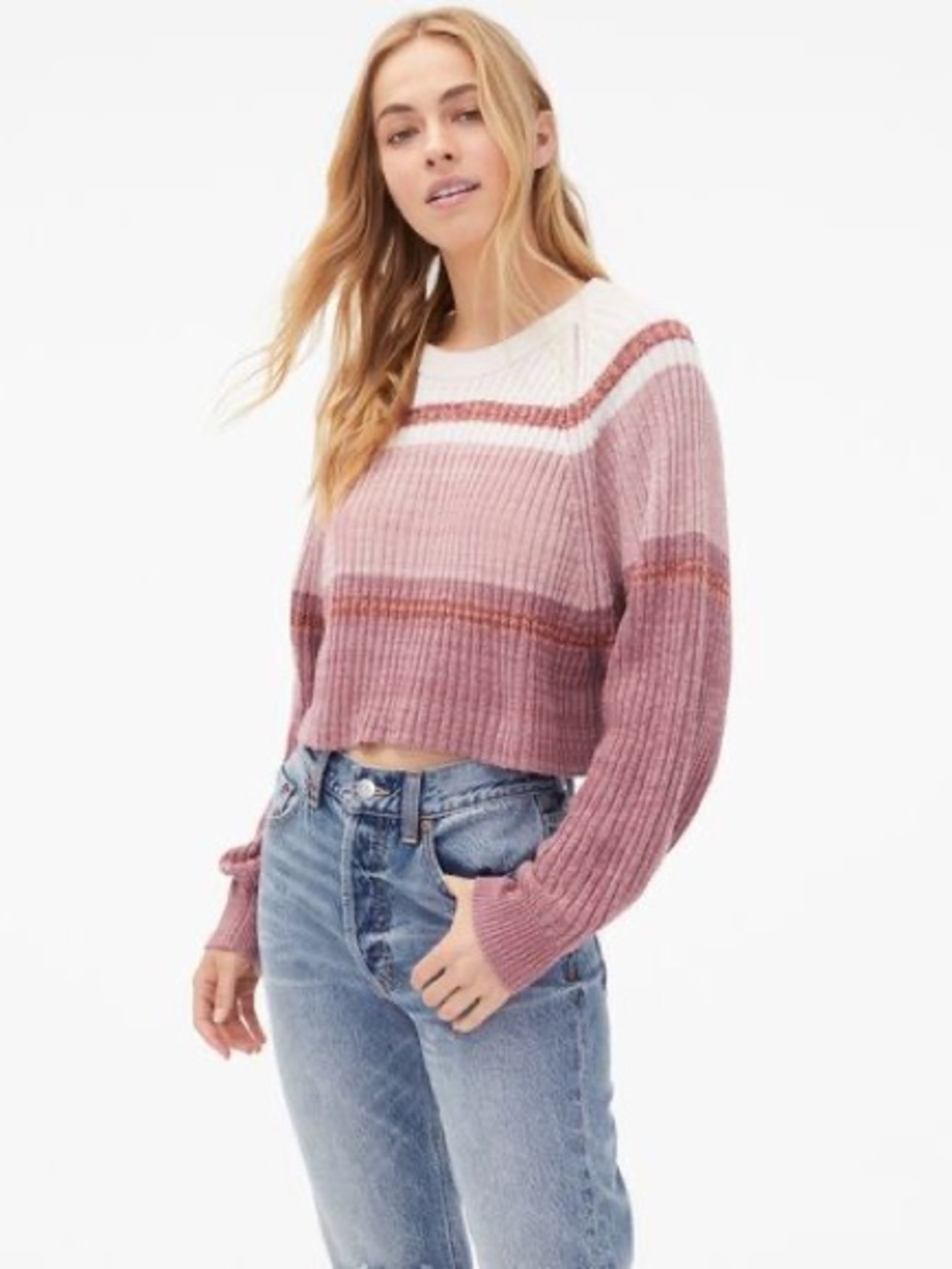 Aeropostale Pink & Cream Striped Cropped Crew Sweater